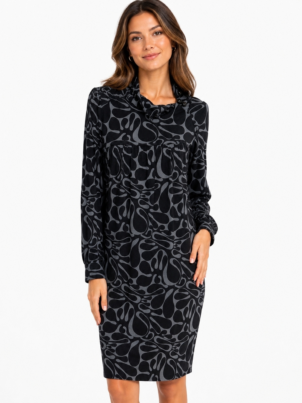 Milly of New York Black & Gray Abstract Cowl-Neck Long Sleeve Shift Dress